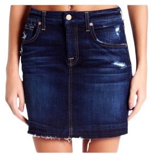 7 For All Mankind Denim Mini Skirt Dark Blue Distressed Raw Frayed Hem